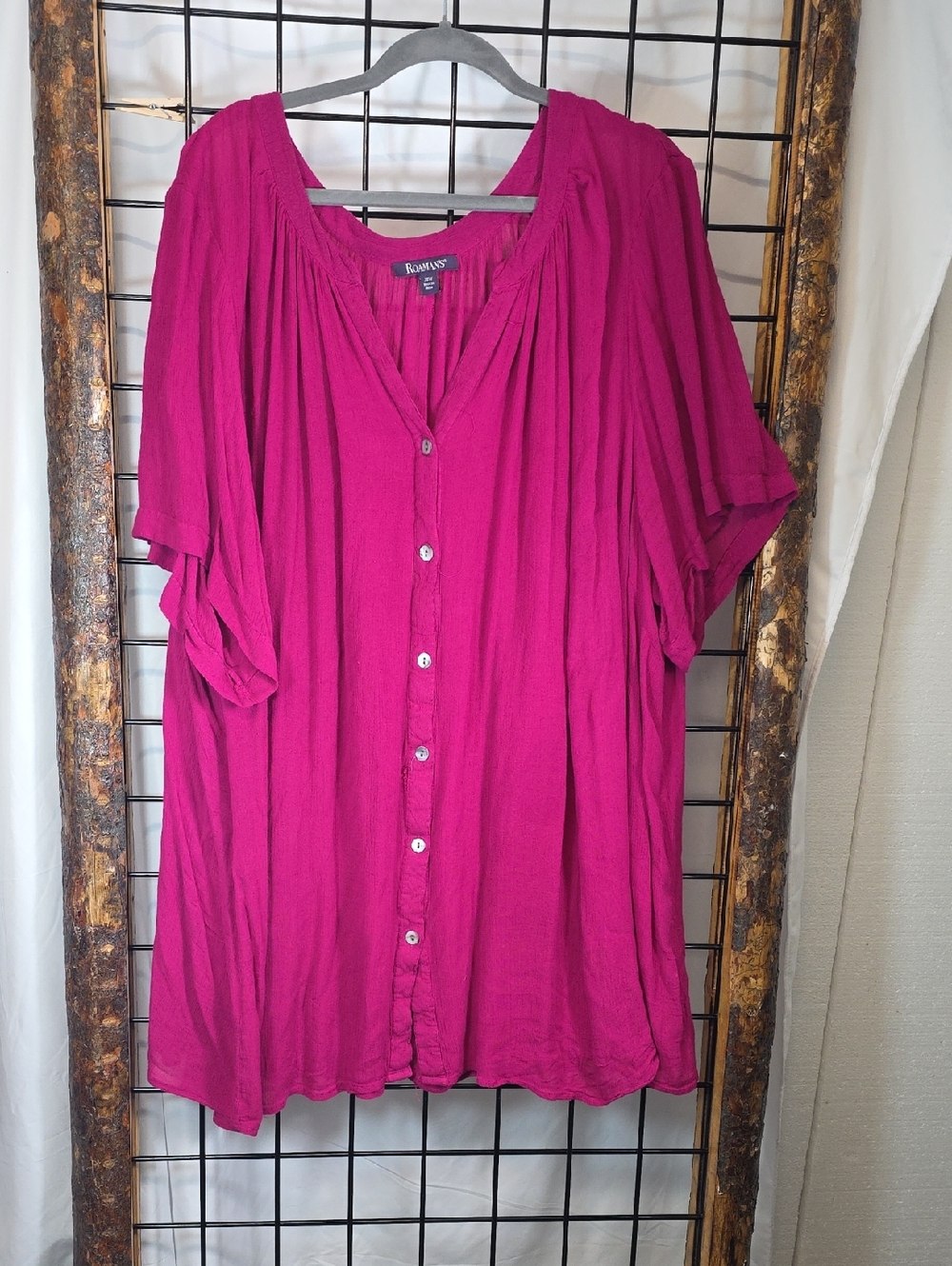 Roaman's Fuchsia Button-Front Peasant Top